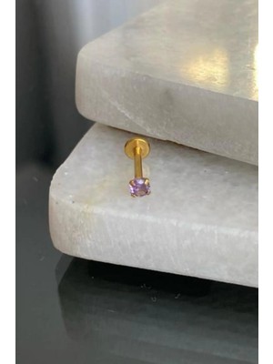 Jaida Moda Unisex Gold Cerrahi Çelik Yuvarlak Mor Taşlı Tragus Labret Helix Piercing