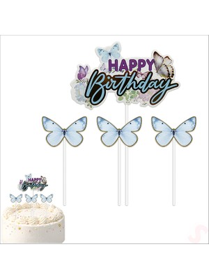 Süsle Bebek ve Parti Kelebekli Happy Birthday Pasta Süsü 4’lü Set - Mavi