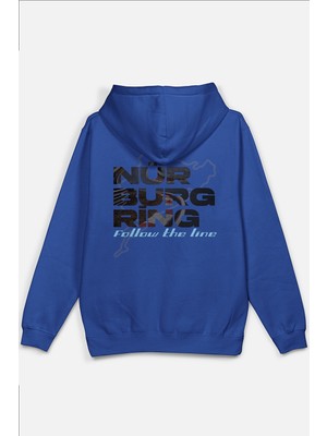 Overoz Nürburgring Yarış Pisti Sırt Baskılı Kapüşonlu Yarı Oversize Unisex Sweatshirt Mavi Hoodie 1206