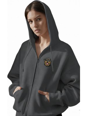 Muhtar Store Kadın Rottweiler Baskılı Oversize Fermuarlı Hoodie