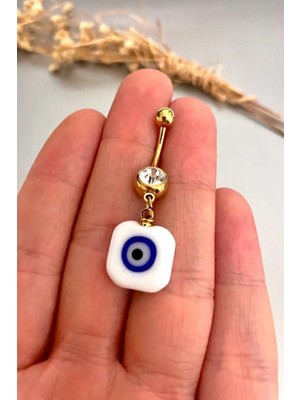 Jaida Moda Kadın Gold Kare Cam Nazar Boncuklu Çelik Göbek Piercing
