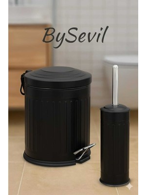 Feyza Design Vintage Siyah Çöp Kovası ve Wc Fırçası Seti, 5 Litre, Çizgili Tasarım