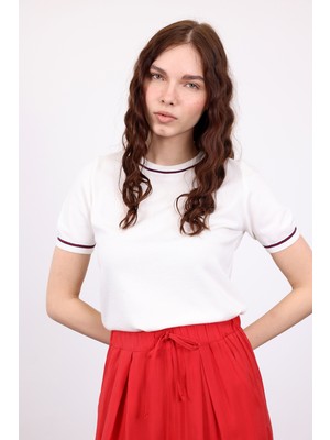 5in1Canpolat Ekru Şerit Detaylı Kısa Kol Triko