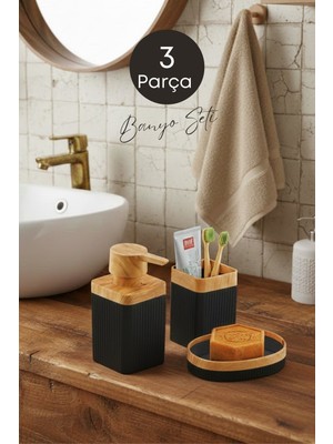 Feyza Design 3 Parça Ahşap Desenli Bohem Tarzı Banyo Seti Siyah