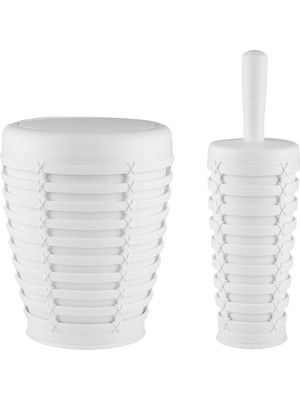 Feyza Design Banyo Seti 2'li, Beyaz, Çöp Kovası ve Tuvalet Fırçası Seti