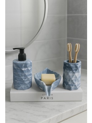 Feyza Design Mavi Mermer Desenli 3 Parça Banyo Seti, Sıvı ve Katı Sabunluk, Diş Fırçalık