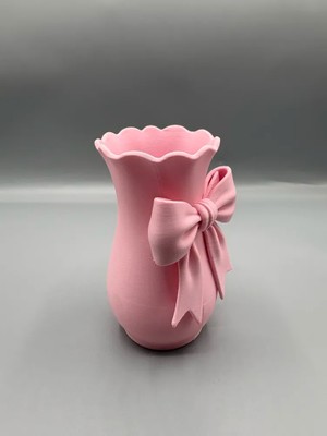 Genç 3D Coquette Fiyonklu Dekoratif Vazo 16 cm | Estetik Kurdele Detaylı Çiçek Vazosu | Romantik Oda