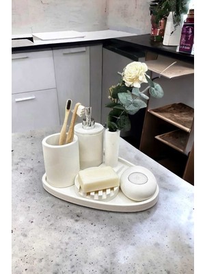 Feyza Design 6'lı Kırık Beyaz Beton Banyo Seti, Sıvı Sabunluk, Diş Fırçalığı, Tepsili, Mumluklu