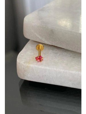 Jaida Moda Unisex Gold Cerrahi Çelik Kare Pembe Taşlı Tragus Labret Helix Piercing