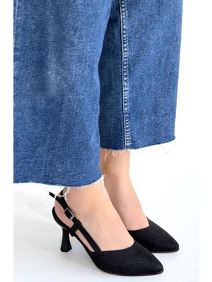 SHC4200 Joga Siyah Saten Simli Topuklu Ayakkabı