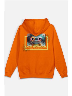 Overoz Old School Kaset Sırt Baskılı Kapüşonlu Yarı Oversize Unisex Sweatshirt Turuncu Hoodie 1207
