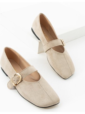 Kadın Bej Süet Kare Burun Tokalı Babet Mary Jane Ayakkabı Velona