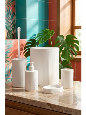 Feyza Design Şık 5 Parça Beyaz Banyo Takımı, 6 Litre Çöp Kovası ile Komple Set