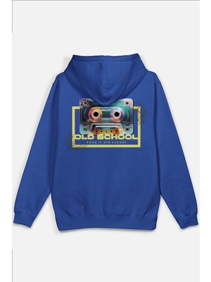 Overoz Old School Kaset Sırt Baskılı Kapüşonlu Yarı Oversize Unisex Sweatshirt Mavi Hoodie 1207