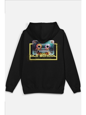 Overoz Old School Kaset Sırt Baskılı Kapüşonlu Yarı Oversize Unisex Sweatshirt Siyah Hoodie 1207