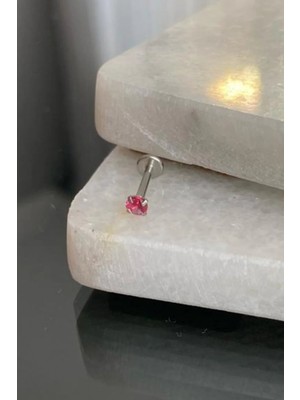 Jaida Moda Unisex Gümüş Cerrahi Çelik Yuvarlak Pembe Taşlı Tragus Labret Helix Piercing