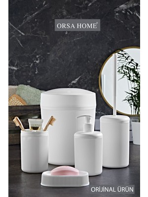 Feyza Design Şık Çizgi Desenli Beyaz 5'li Banyo Seti, Konfor ve Tarzı Bir Arada