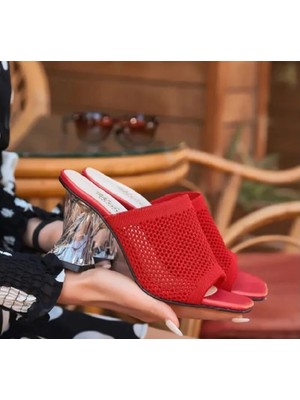 DMR Elegance Akva Kırmızı Triko Şeffaf Topuklu Terlik