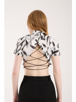 Modazeyosh Kadın Sırt Lastik Detay Dijital Baskı Crop