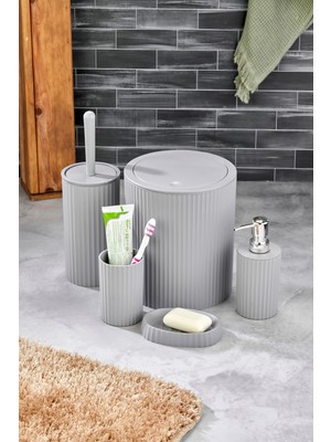 Feyza Design 5 Parça Yuvarlak Banyo Seti: Çöp Kovası, Wc Fırçası, Sabunluk ve Diş Fırçası