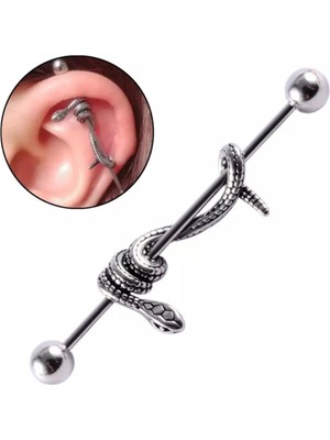Jaida Moda Unisex Gri Yılan Figürlü Çelik Industrial Köprü Piercing 38 mm
