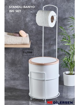 Feyza Design 7 Litre Metal Standlı Banyo Mutfak Tuvalet Kağıtlık ve Çöp Kovası Seti