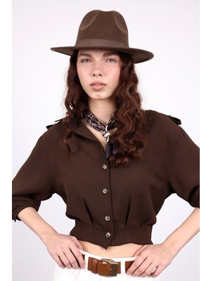 5in1Canpolat Kahverengi Omuzları Kayışlı Kısa Gömlek 17457