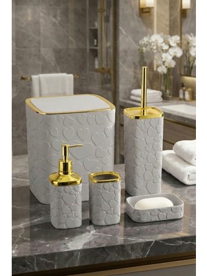 Feyza Design Kalp Desenli 5 Parça Banyo Seti, Gri Gold, Kare, Click Kapaklı, 8 Litre