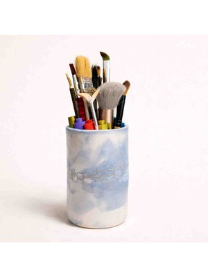 Cogo Seramik El Yapımı Seramik Fırçalık & Kalemlik – Mavi Mermer Dokulu Organizer (12×8 Cm)