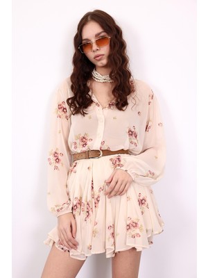 5in1Canpolat Bej Çiçek Desenli Gömlek Etek Takım 35001