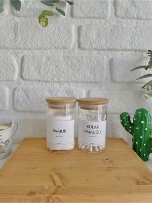Feyza Design Bambu Kapaklı Cam Pamukluk Seti, 2'li, Şık ve Pratik Kullanım Sağlar