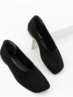 Kadın Siyah Süet Kare Burun Rahat Günlük Babet Ayakkabı Guın