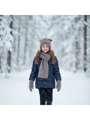 Kitti 9-15 Yaş Garson 3'lü Takım Kız Atkı, Eldiven ve Şapka Set Içi Polarlı