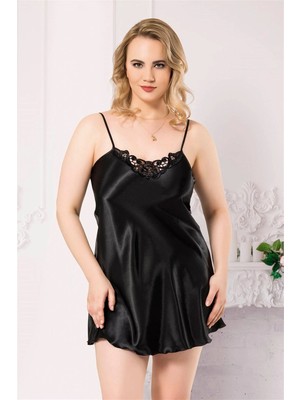 Liyuza Büyük Beden Siyah Kısa Saten Gecelik