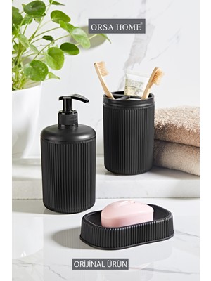 Feyza Design Şık Siyah Çizgi Desenli 3'lü Banyo Seti, Sabunluk, Diş Fırçalık, Sıvı Sabunluk