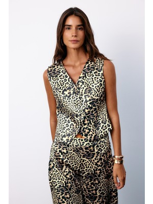 Kruvaze Leopar Saten Yelek - Gri