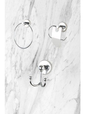 Feyza Design Krom 3'lü Daire Havluluk, Dar Kapaklı Tuvalet Kağıtlığı ve Çatal Askı Seti