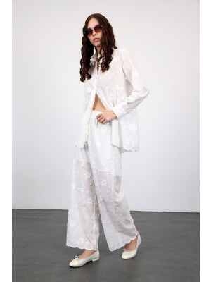 5in1Canpolat Ekru Çiçek Işlemeli Gömlek Pantolon Takım 38264