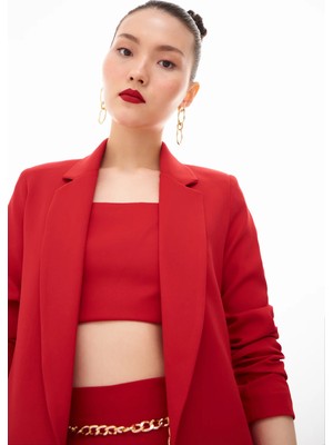 Sateen Klasik Yaka Uzun Ceket - Kırmızı