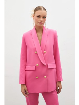 Sateen Düğme Detaylı Kruvaze Ceket - Pembe