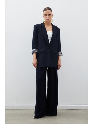 Sateen Zebra Astarlı Uzun Ceket - Lacivert