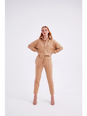 Sateen Yüksek Bel Deri Pantolon - Bej