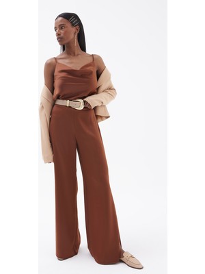 Sateen Yırtmaç Detaylı Saten Pantolon - Kahve