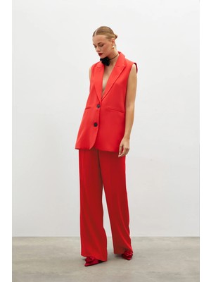 Sateen Pile Detaylı Salaş Pantolon - Kırmızı