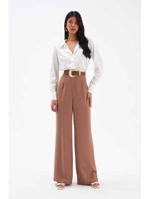 Sateen Pileli Krep Pantolon - Camel