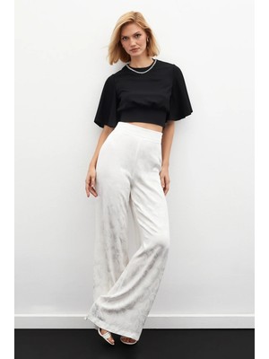 Sateen Jakarlı Salaş Pantolon - Ekru