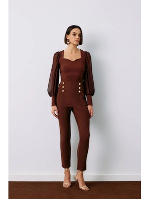Sateen Düğme Detaylı Pantolon - Kahve