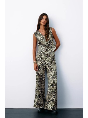 Leopar Desenli Saten Pantolon - Gri
