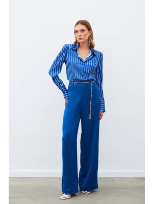 Sateen Zincirli Saten Krep Pantolon - İndigo