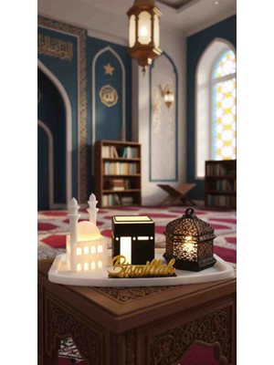 Atay Işıklı Islami Dekoratif Set - Bismillah Yazılı Kabe, Cami ve Kandil Biblo